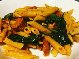 Chorizo, spinach and tomato Pasta with Red Pesto
