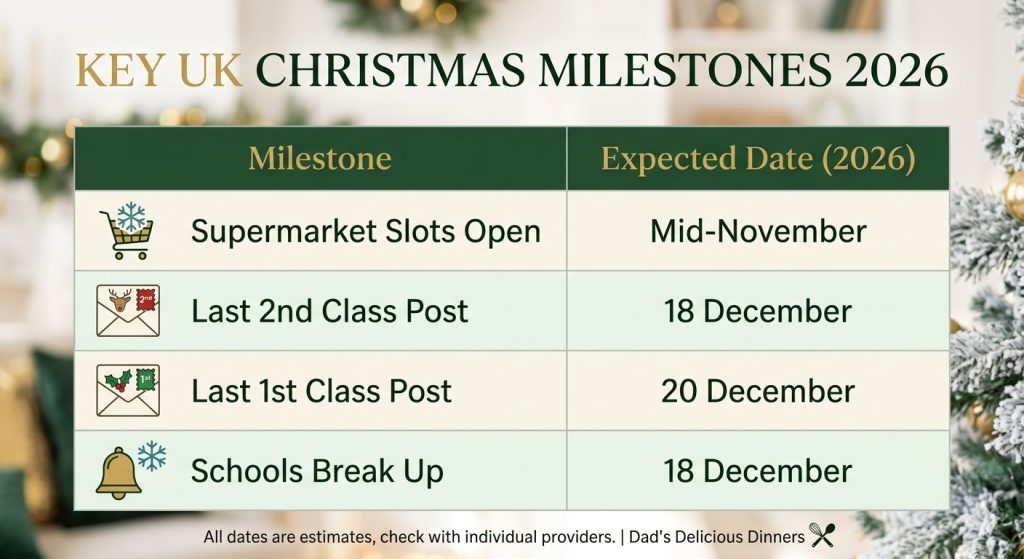 UK Christmas Milestones 2026 infographic by Dad's Delicious Dinners showing key dates for posting and supermarket slots.
